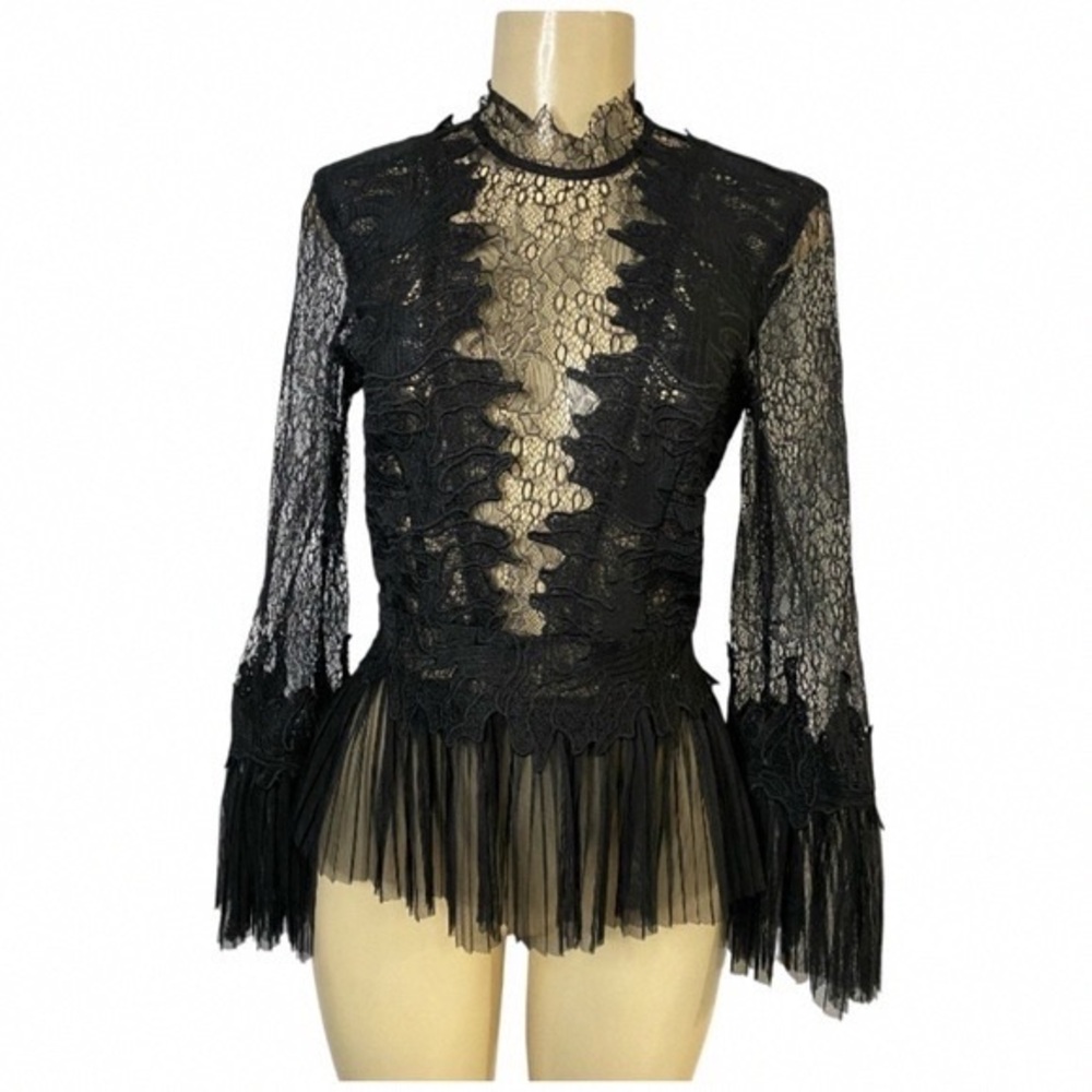 Bardot Black Lace Blouse with Pleated Hem
